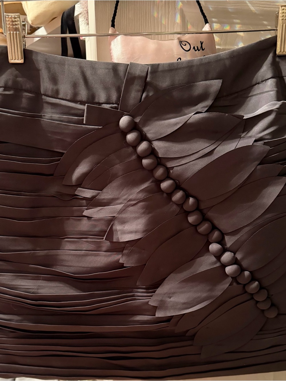 Women's Chocolate Brown Pleated Satin Skirt with Leaf Appliqué